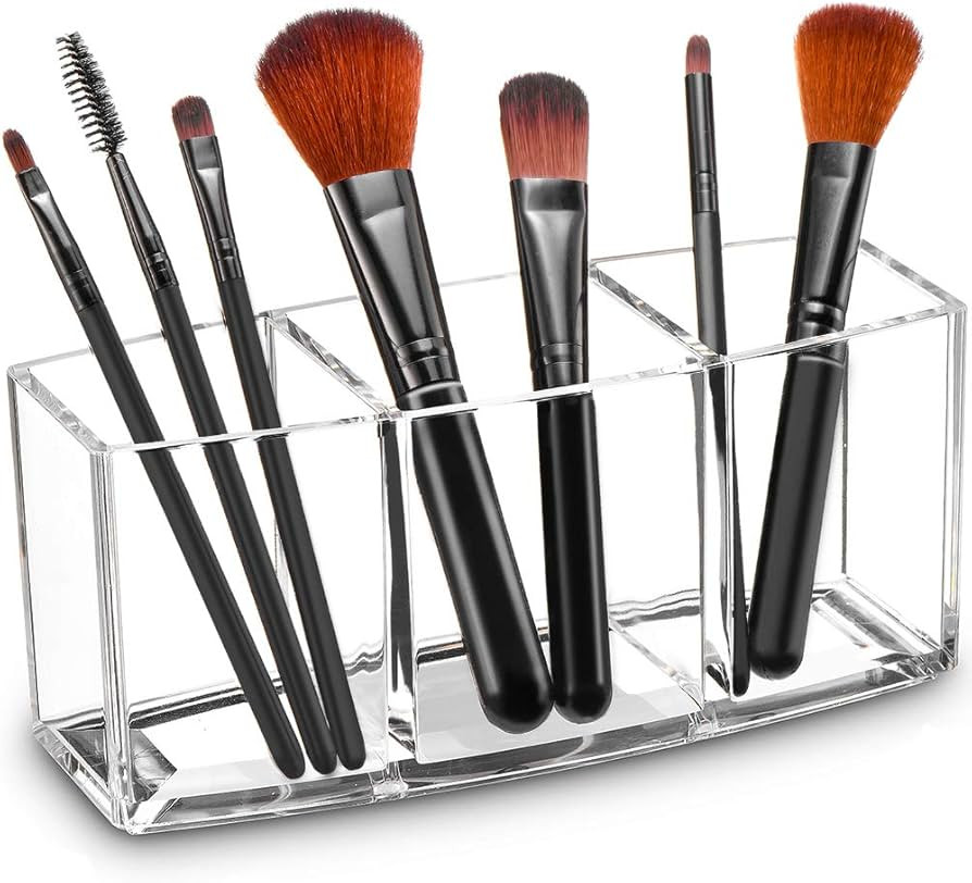 Tasybox Clear Makeup Brush Holder Organizer, 3 Slot Acrylic Cosmetic Brushes Storage, Eyeliners E... | Amazon (US)