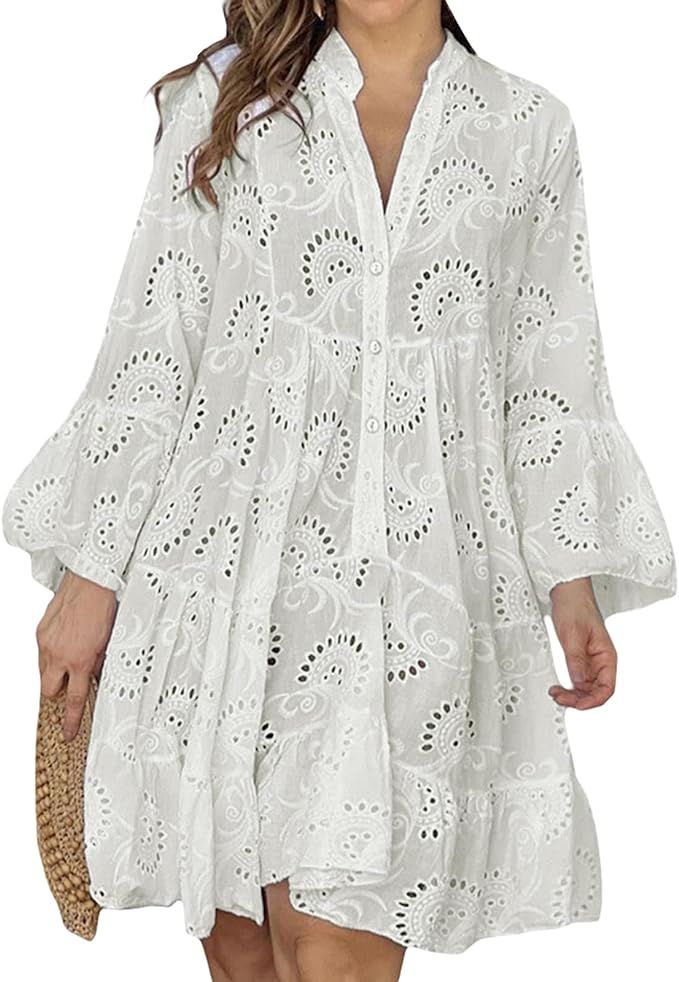 Women's Casual V Neck Dress Floral Eyelet Embroidery Lace Dress Long Sleeve Button Loose A Line S... | Amazon (US)
