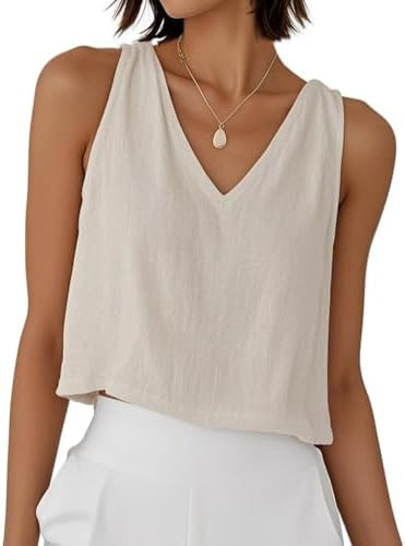 Women Linen Crop Tank Tops V Neck Spring Summer Sleeveless Casual Cute Beach Shirts | Amazon (US)