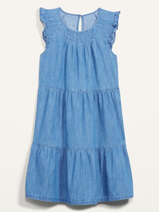 Tiered Chambray Flutter-Sleeve Swing Dress for Women | Old Navy (US)