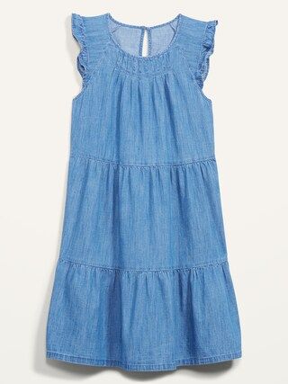Tiered Chambray Flutter-Sleeve Swing Dress for Women | Old Navy (US)