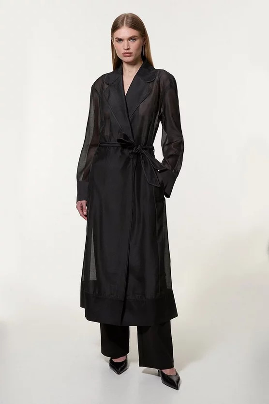 Organza And Satin Mix Tailored Sheer Trench Coat | Karen Millen US