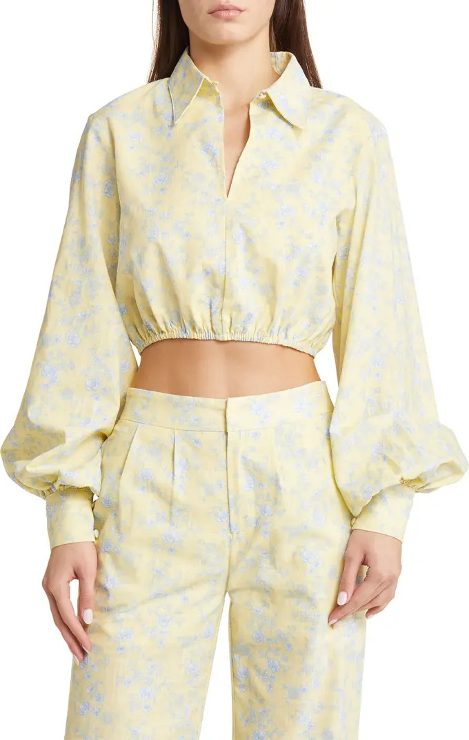 June Floral Print Bishop Sleeve Linen Crop Shirt | Nordstrom