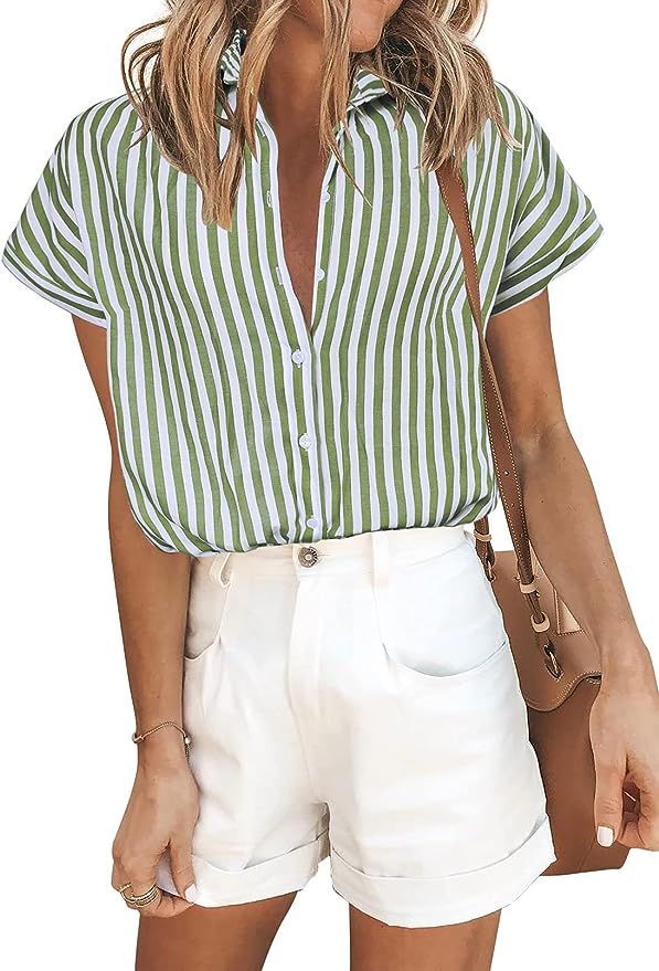 CILKOO Womens Casual V Neck Striped Cuffed Sleeve Button Down Collar Blouses Shirts(S-XXL) | Amazon (US)