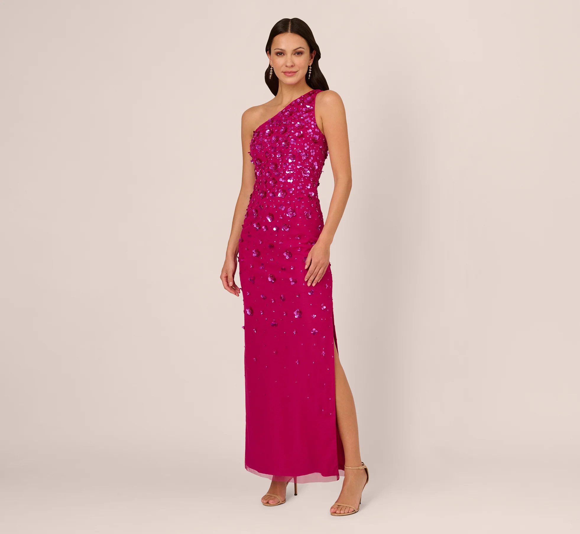 3D Floral Hand-Beaded One-Shoulder Long Column Gown In Hot Orchid | Adrianna Papell