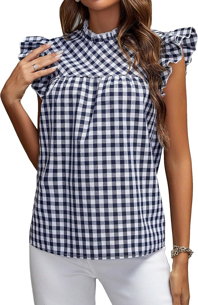 Floerns Women's Gingham Print Ruffle Trim Cap Sleeve Mock Neck Blouse Top | Amazon (US)