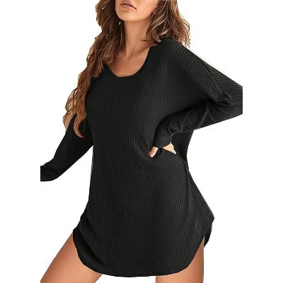 Ekouaer Nightgowns for Woman Waffle Knit Long Sleeve Nightgown Sleep shirts Night Dress for Women Black S | Target