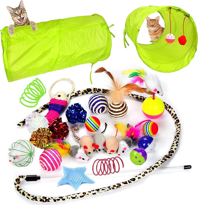 Youngever 24 Cat Toys Kitten Toys Assortments, 2 Way Tunnel, Cat Feather Teaser - Wand Interactiv... | Amazon (US)