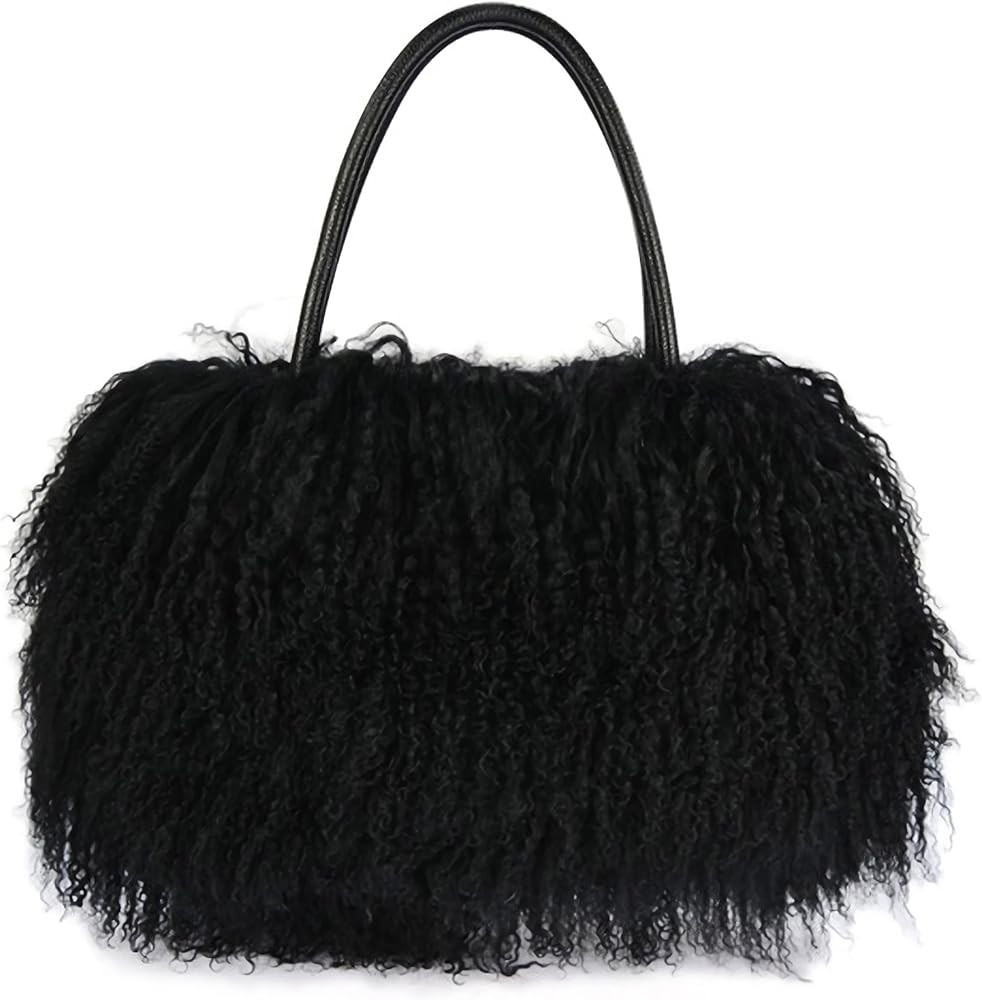 Women Luxury Real Lamb Mongolian Flush Wool Fur With Genuine Leather Handles Handbag | Amazon (US)