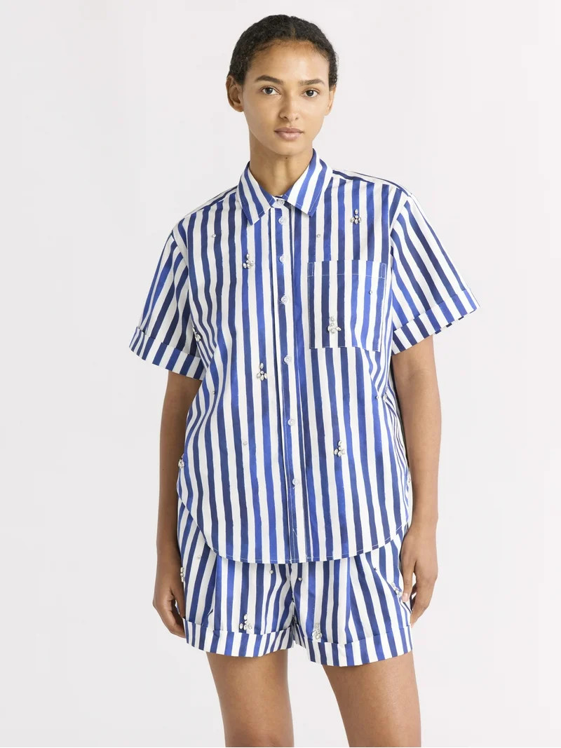 Free Assembly Women's Embellished Cotton Button Up Shirt, Sizes XS-XXL | Walmart (US)