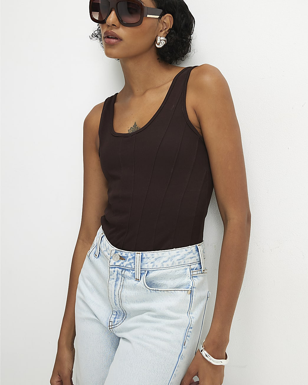 Brown Scoop Neck Seam Trim Bodysuit | River Island UK & IE