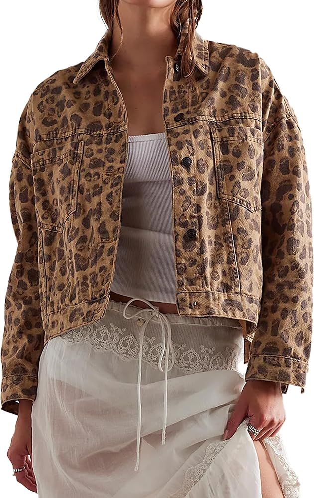 SCOFEEL Women Casual Jean Jacket Leopard Printed Boyfriend Vintage Denim Jacket Coat with Pockets | Amazon (US)