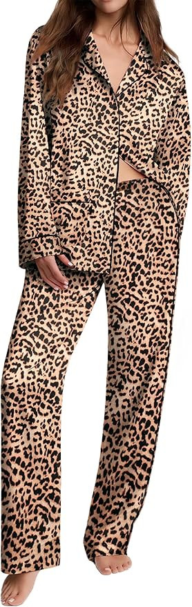 Ekouaer Womens Pajama Sets Satin Silk Pjs Classic Button Down Sleepwear Soft Long Sleeve Lounge S... | Amazon (US)