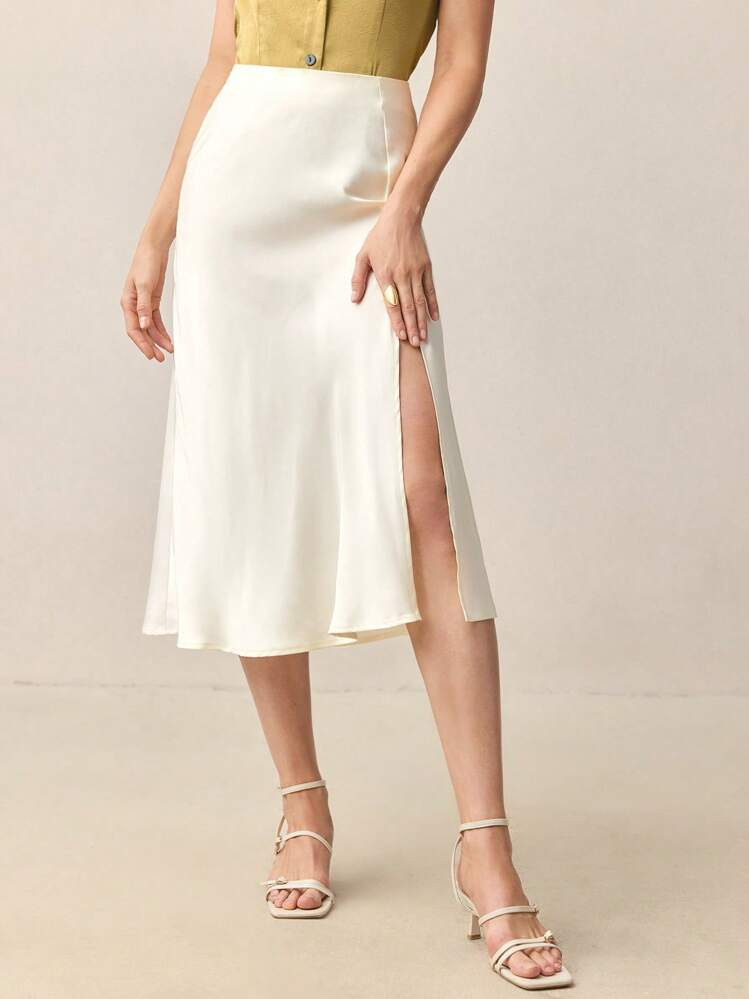 BizChic Cream White Side Slit Elegant Romantic A-Line Skirt For Women, Versatile For Commute, Daily, Romantic 90s Retro, Christmas, New Year, Valentine's Day, Party, Beach, Graduation, Fashion, Carnival, Holiday, Wedding Guest, Suitable For Outing, Date, Party, Concert, Stage Performance, Brunch, Airport | SHEIN