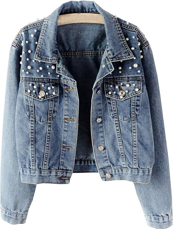 Duyang Women's Embroidered Pearls Rivet Denim Jacket Casual Loose Short Jean Coat | Amazon (US)