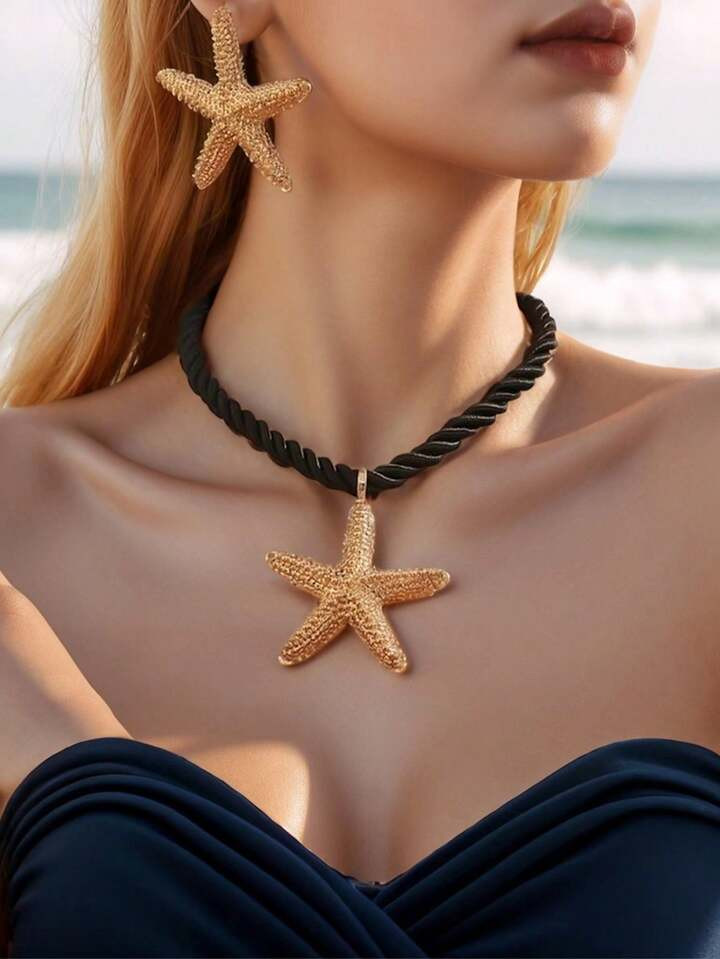 1 Set Of 3 Pieces Simple Fashion Starfish Pendant Necklace Marine Style Exaggerated Earrings Pers... | SHEIN