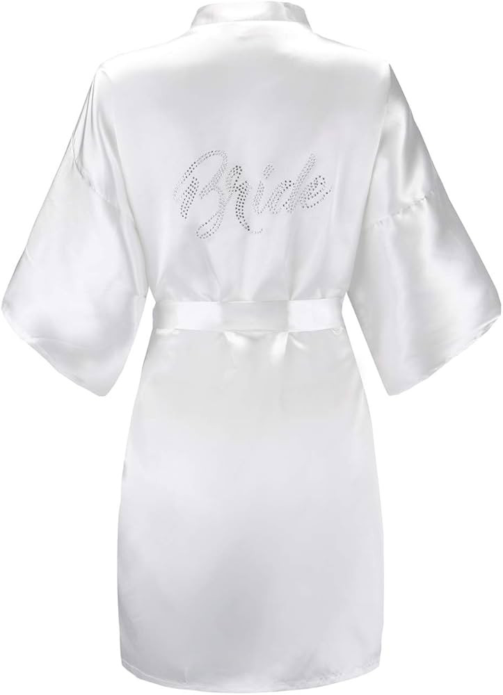 EPLAZA Women's One Size Silver Rhinestones Bride Bridesmaid Short Satin Robes for Wedding Party G... | Amazon (US)