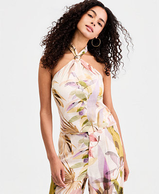 GUESS Women's Kiara Printed Sleeveless Linen-Blend Halter Top - Macy's | Macy's