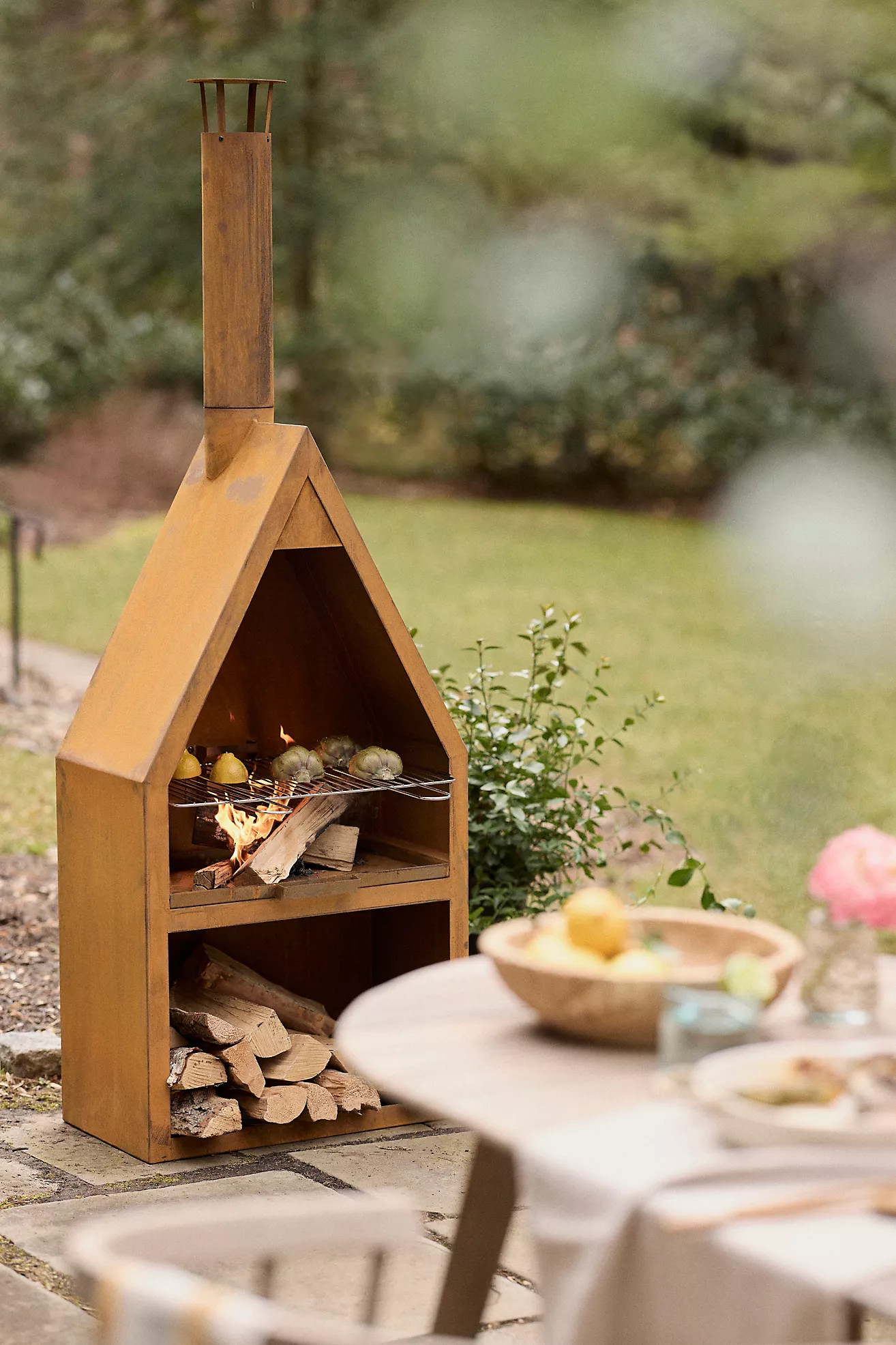 Weathering Steel Outdoor Fireplace with Grill | Anthropologie (US)