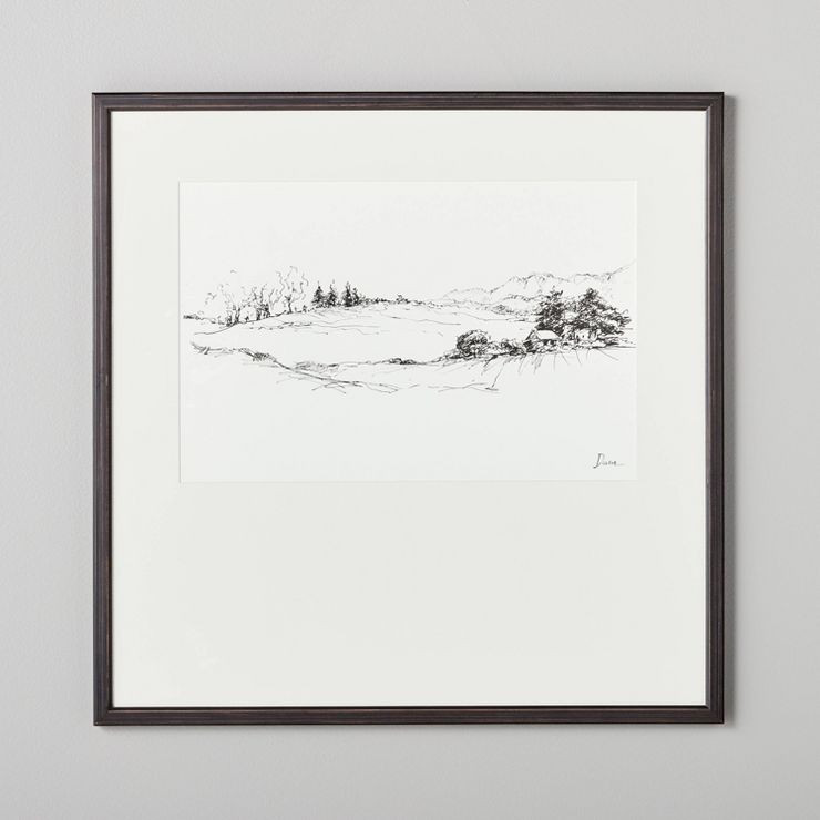 24"x24" Prairie Landscape Sketch Framed Wall Art Black/White - Hearth & Hand™ w... | Target