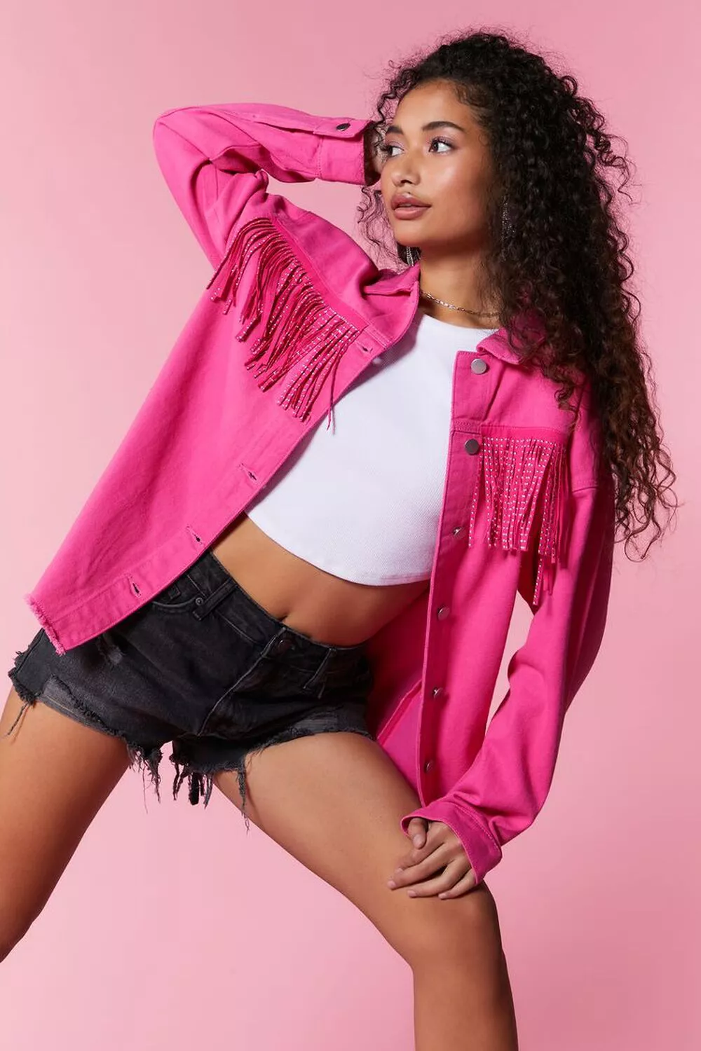 Shop PS Boutique Hot Pink Denim Jacket with Rhinestone Fringe