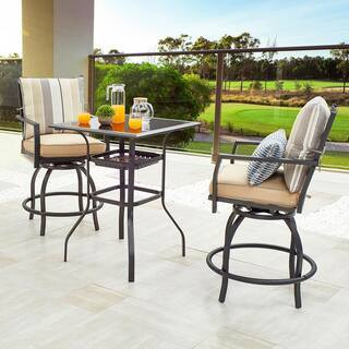 3-Piece Metal Outdoor Bistro Set with Beige Cushions | The Home Depot