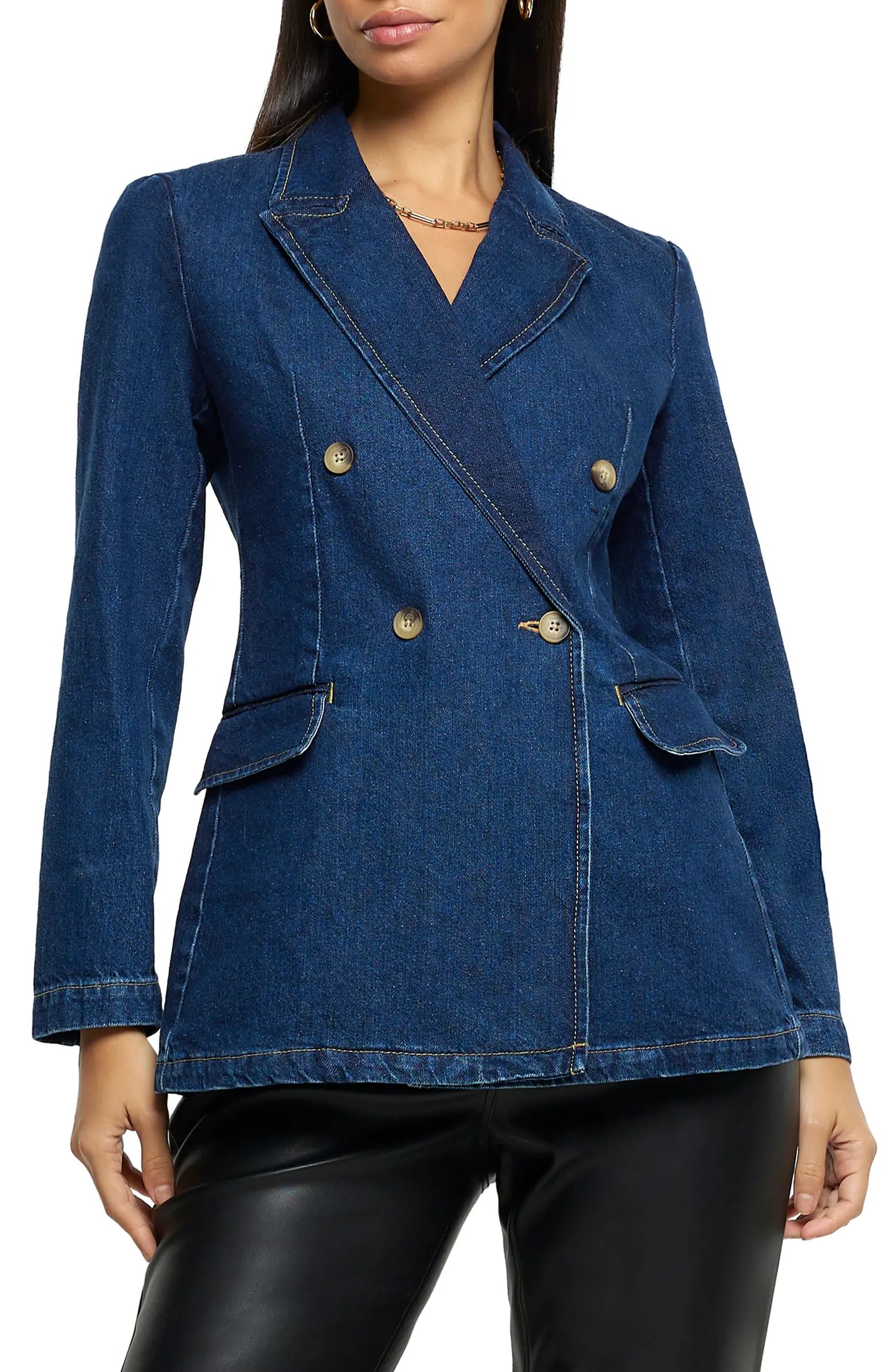 River Island Fitted Double Breasted Denim Blazer | Nordstrom | Nordstrom