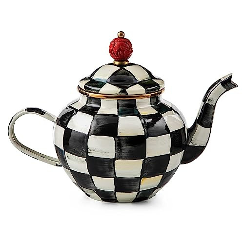 MACKENZIE-CHILDS Enamel Teapot, Cute Small Teapot with Lid, 4-Cup Capacity, Black-and-White Courtly Check | Amazon (US)