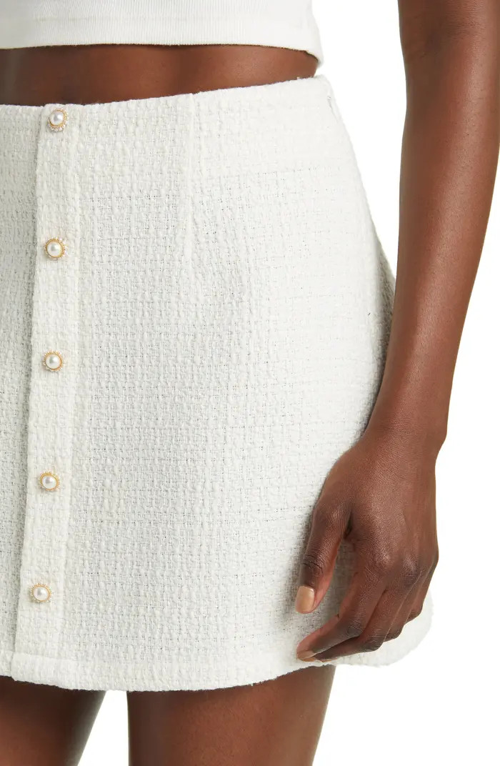 Imitation Pearl Decorative Button Tweed Miniskirt | Nordstrom