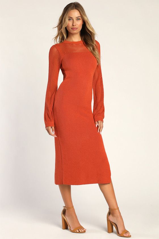 Knit It Off Orange Long Sleeve Knit Bodycon Sweater Midi Dress | Lulus (US)