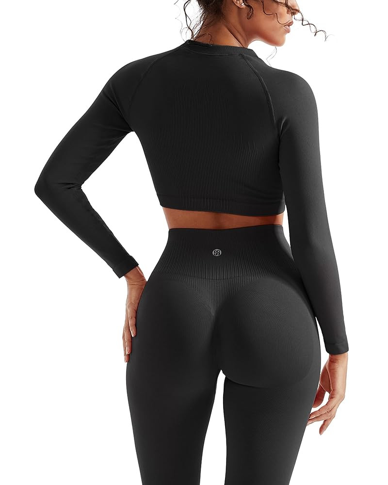 SUUKSESS Women 2 Piece Workout Sets Hidden Scrunch Hip Lifting Seamless Leggings Long Sleeve Yoga... | Amazon (US)