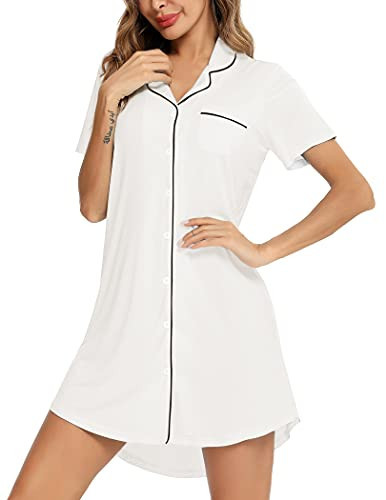 Anjue Bride Pajamas Women's Sleep Shirt Short Sleeve Sleepwear Nightshirt Button Down Pajama Top Bridesmaid Pjs(White,L) | Amazon (US)