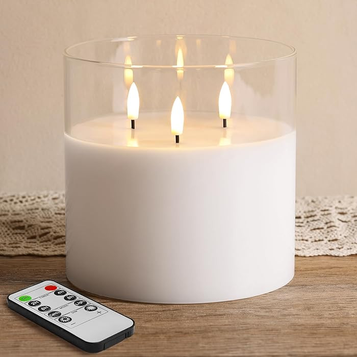Eywamage 3 Wick Clear Glass Flameless Candle with Remote, Large Flickering LED Battery Pillar Can... | Amazon (US)
