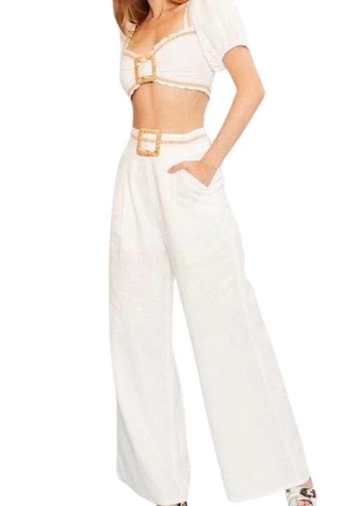 White and natural front buckle crop top and pant set | Mulberry & King