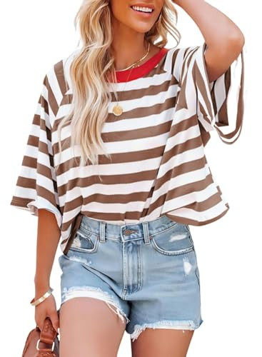 Dokotoo Tops for Women Striped 2026 Fashion T Shirts for Women Color Block Crewneck Design Loose ... | Amazon (US)