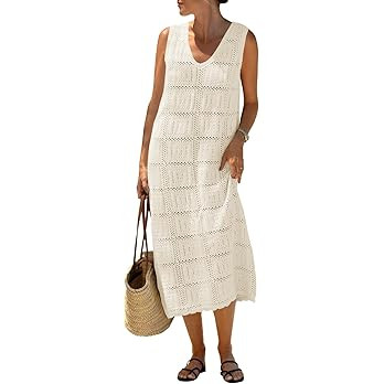 Fisoew Womens Crochet Sleeveless Dress Casual Summer V Neck Boho Knit Cover Up Beach Vacation Mid... | Amazon (US)