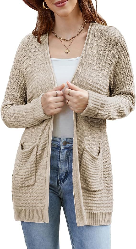 GRACE KARIN Women's 2023 Fall Long Sleeve Waffle Knit Cardigan Cozy Open Front Sweater Coat Loose... | Amazon (US)