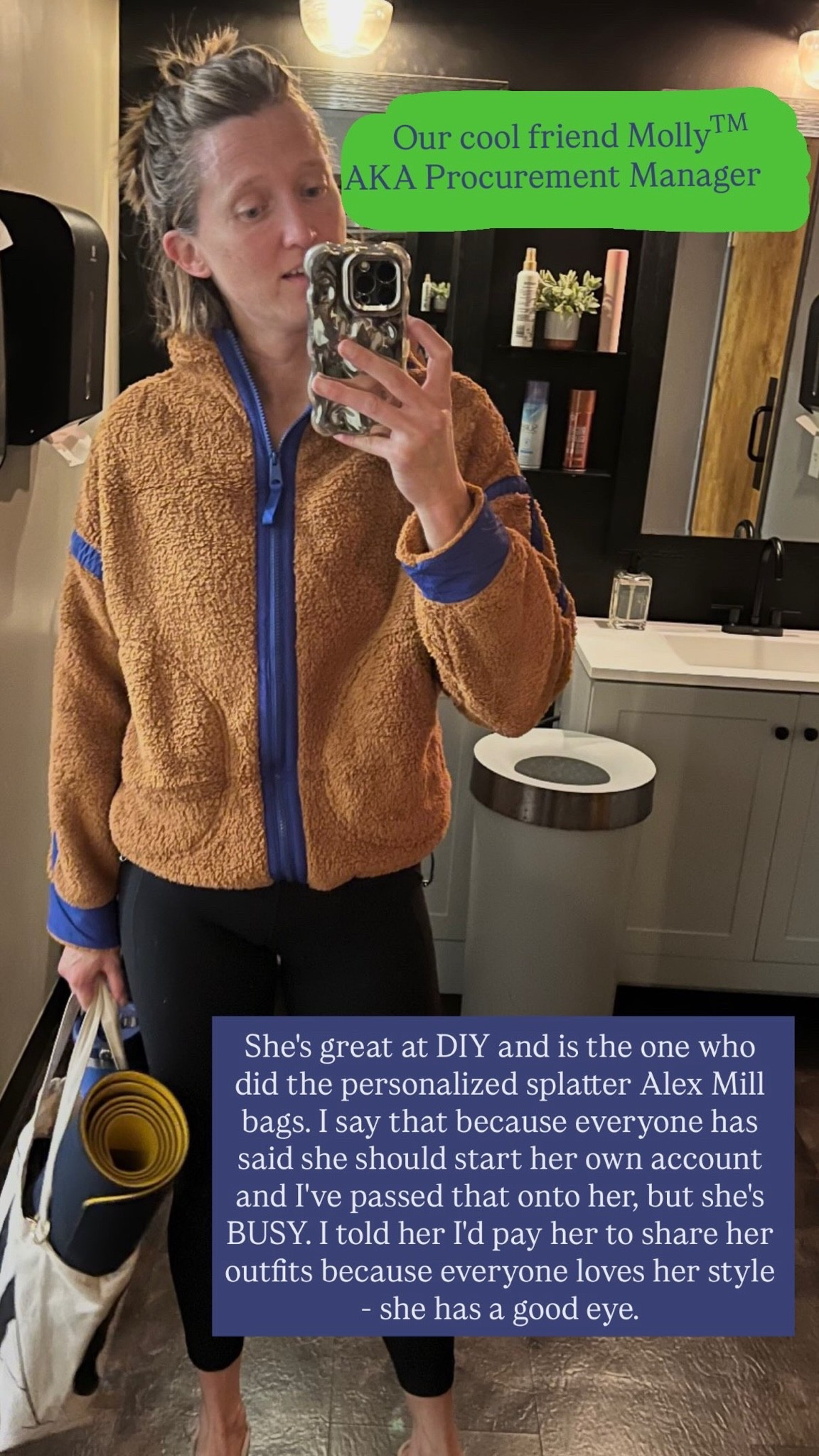 Our friend Molly has such good style and eye for color. This fleece funnel-neck zip-up is such a great layering piece, and it comes in literally 20+ color combos. True to size for an intentionally baggy fit!