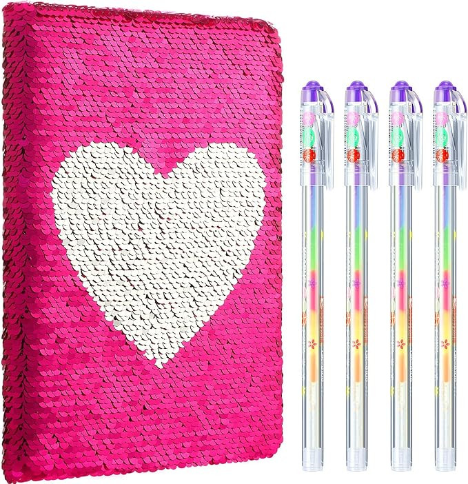 Outus 4 Pcs Sequin Girls Journal Valentines Journal Gift with Color Gel Ink Pens Glitter Notebook... | Amazon (US)