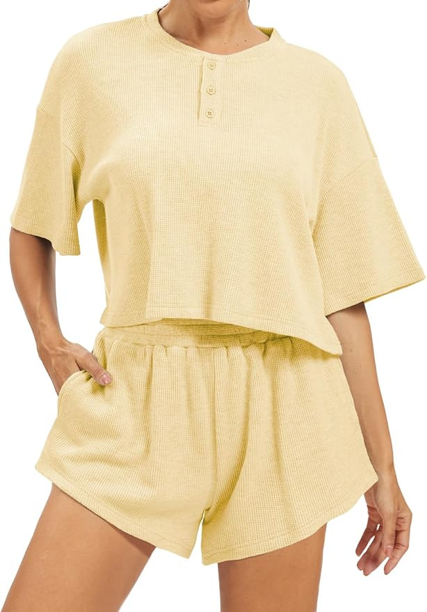 AnotherChill Women's Cropped Waffle Knit Lounge Set – Short Sleeve Henley Top and High Waisted ... | Amazon (US)