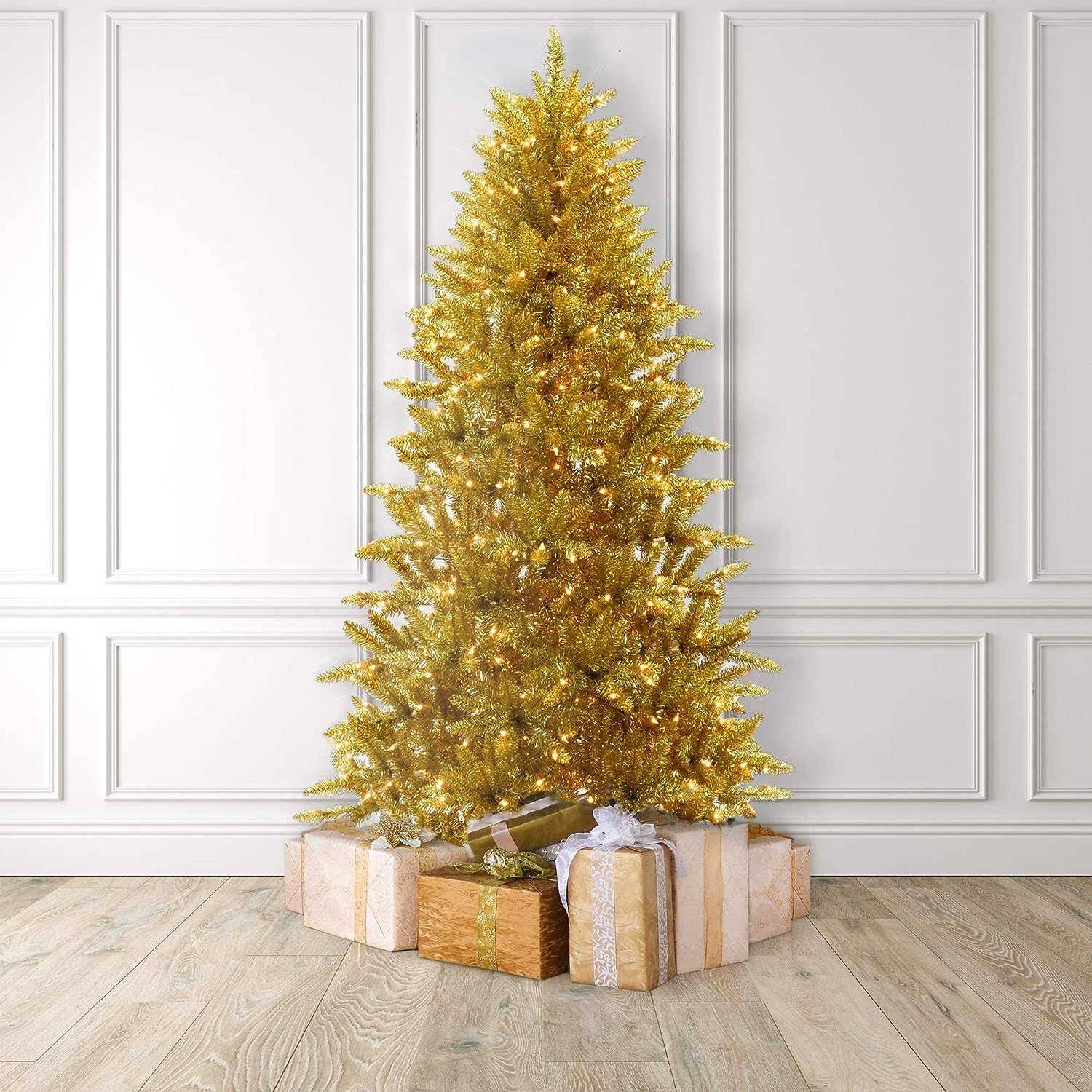 MARTHA STEWART Tinsel Pre-Lit Artificial Christmas Tree, 5 ft, Gold | Amazon (US)