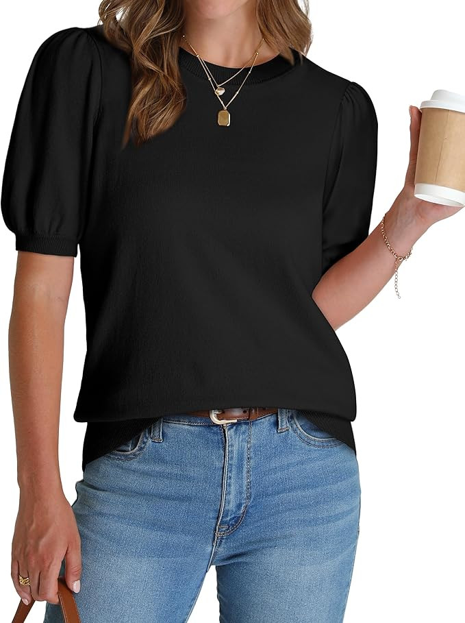 WIHOLL Women's Puff Short Sleeve Sweater 2025 Spring Summer Tops Trendy Business Casual Outfits W... | Amazon (US)