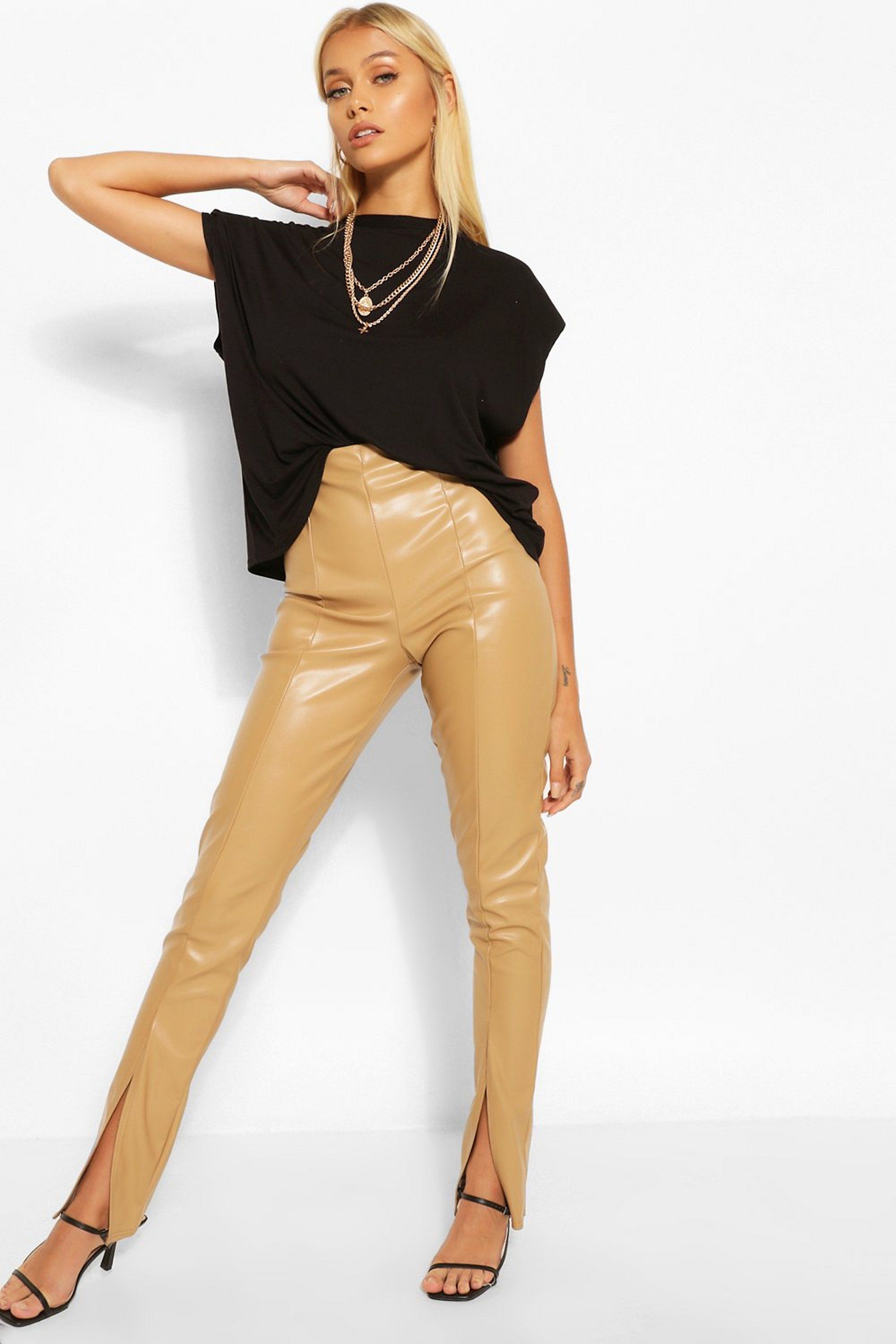 Super Stretch Leather Look Split Hem Leggings | Boohoo.com (US & CA)