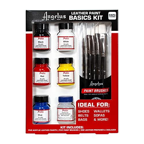 Angelus Acrylic Leather Paint Basics Kit, Contains 1 oz Bottles of Black, White, Red, Blue, Yellow and Preparer, Plus a 5-Piece Brush Set | Amazon (US)