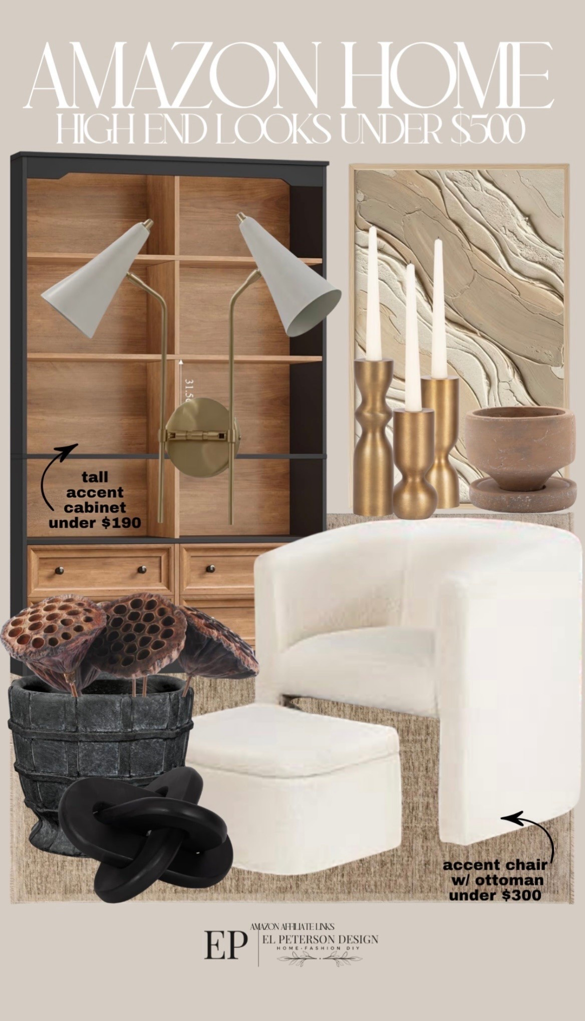 Amazon
Accent chair with ottoman
Vase
Stems
Candle holder
Artwork
Cabinet

#LTKHome