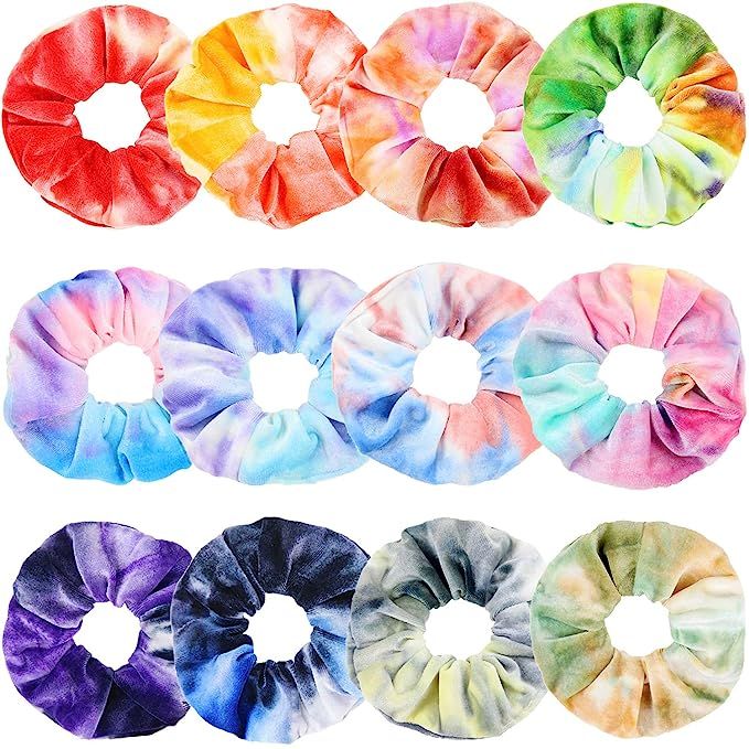 IVARYSS Scrunchies for Girls, 12 Pcs Tie Dye Velvet Scrunchies for Hair, Soft Rainbow Ponytail Ho... | Amazon (US)