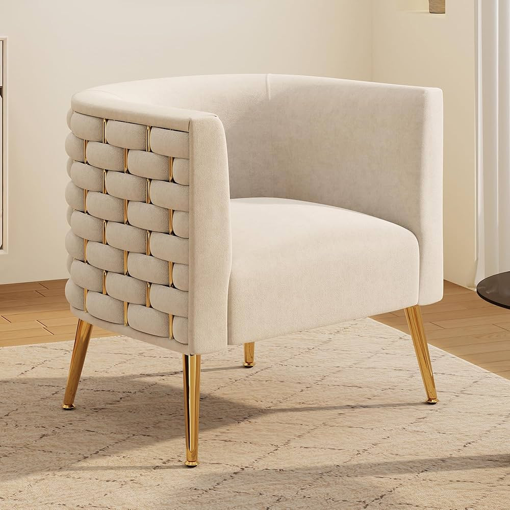 Modern Velvet Barrel Accent Chair, Comfy Wide Handmade Woven Bucket Arm Chair, Fluffy Tufted Upho... | Amazon (US)