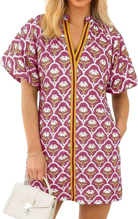 Wenrine Womens Summer Dresses Casual Floral Puff Sleeve V Neck Boho Loose Beach Mini Dress with P... | Amazon (US)