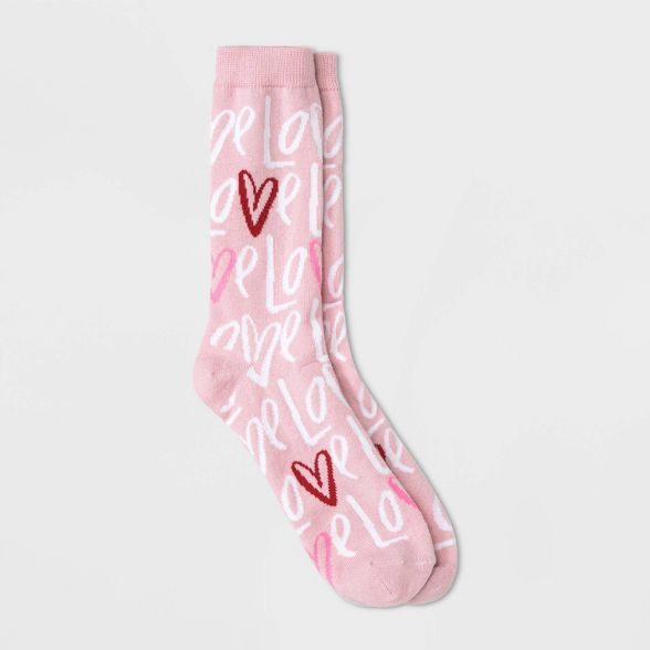 Women's Scribble 'Love' Valentine's Day Crew Socks - Pink 4-10 | Target