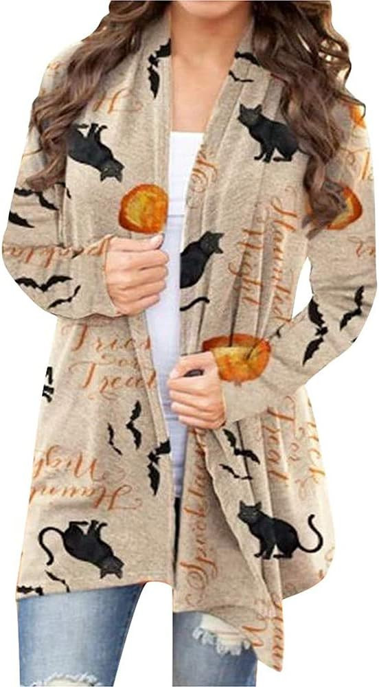 BOUTIKOME Women's Halloween Cat Pumpkin Cardigan Long Sleeve Open Front Knit Outwear Over Coats P... | Amazon (US)